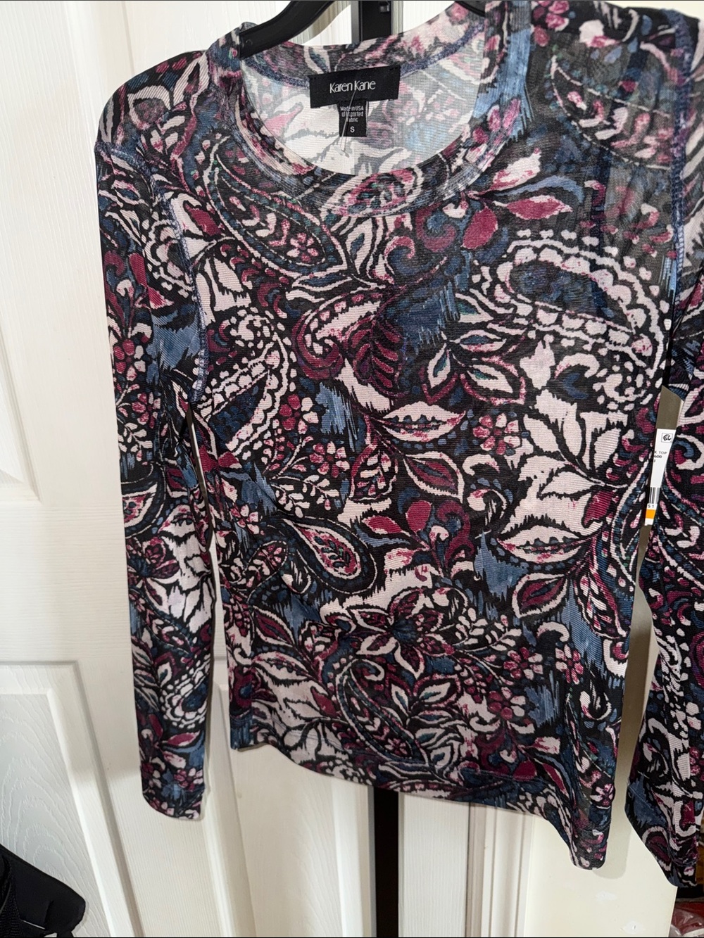 Karen Kane Mesh Multicolor Paisley Long-Sleeve Top with Black, Blue & Pink